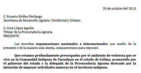 Zacualpan.-Denuncia entregada el día de hoy a SEDATU y la PA.