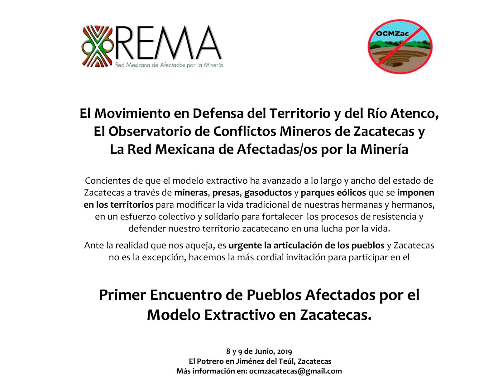 Invitación a Primer encuentro de pueblos afectados por el modelo extractivo en Zacatecas