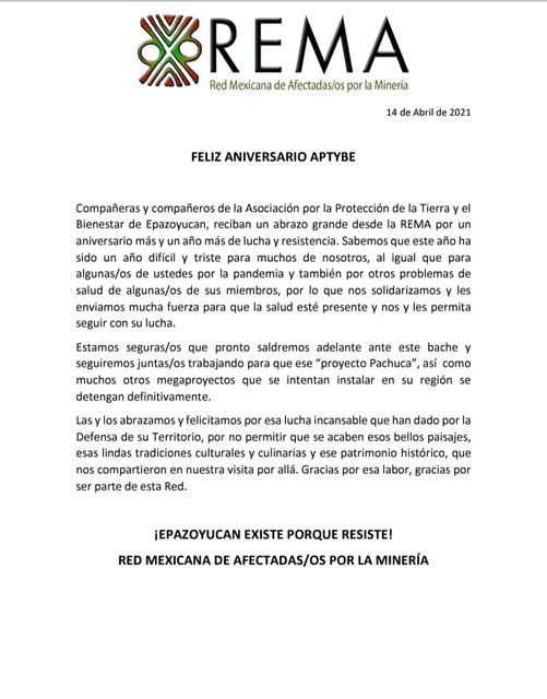Aniversario Asociación por la Protección de la Tierra y el Bienestar de Epazoyucan (APTYBE)