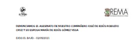 Comunicado «Denunciamos el asesinato de nuestro compañero José de Jesús Robledo Cruz y su esposa María de Jesús Gómez Vega»