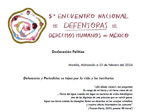 «DECLARACIÓN POLÍTICA 5TO ENCUENTRO NACIONAL DE DEFENSORAS DE DERECHOS HUMANOS EN MÉXICO»