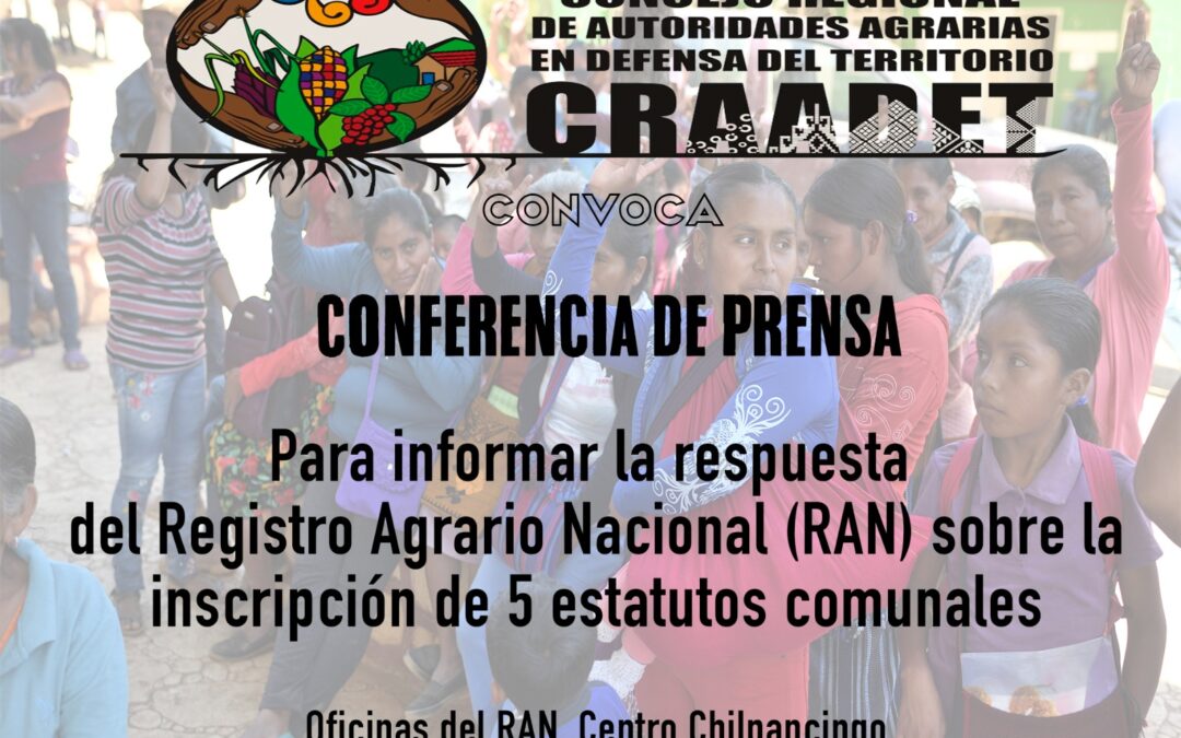 Invitación Conferencia de Prensa -CRAADET- «Información respuesta del RAN sobre inscripción de cinco estatutos comunales»